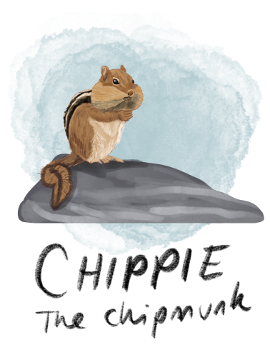 Illustration of Chippy the Chipmunk, a small, furry, and fast chipmunk with a curious and cheeky look. He is a character in the book series 'The Adventures of Mooka & Lou,' appearing in some of the books.