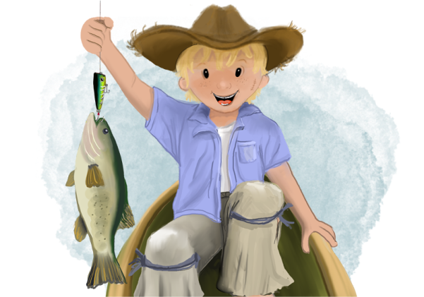Illustration of Lou, a young boy with a kind-hearted demeanor, dressed in outdoor gear, and smiling warmly. He is a main character in the book series 'The Adventures of Mooka & Lou.'
