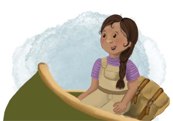 Illustration of Mooka, a young adventurous girl, wearing outdoor gear with a playful smile, ready for an adventure. She is a main character in the book series 'The Adventures of Mooka & Lou.'