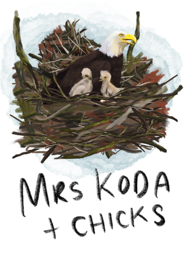 Illustration of Mrs. Koda and her chicks, shown nestled in a large nest with Mrs. Koda watching over them protectively. They are characters in the book series 'The Adventures of Mooka & Lou,' appearing in some of the books.