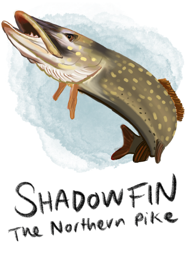 Illustration of Shadowfin the Pirate Pike, a slippery and sneaky fish with sharp teeth and a mischievous expression. He is a recurring character in the book series 'The Adventures of Mooka & Lou,' appearing throughout the series.