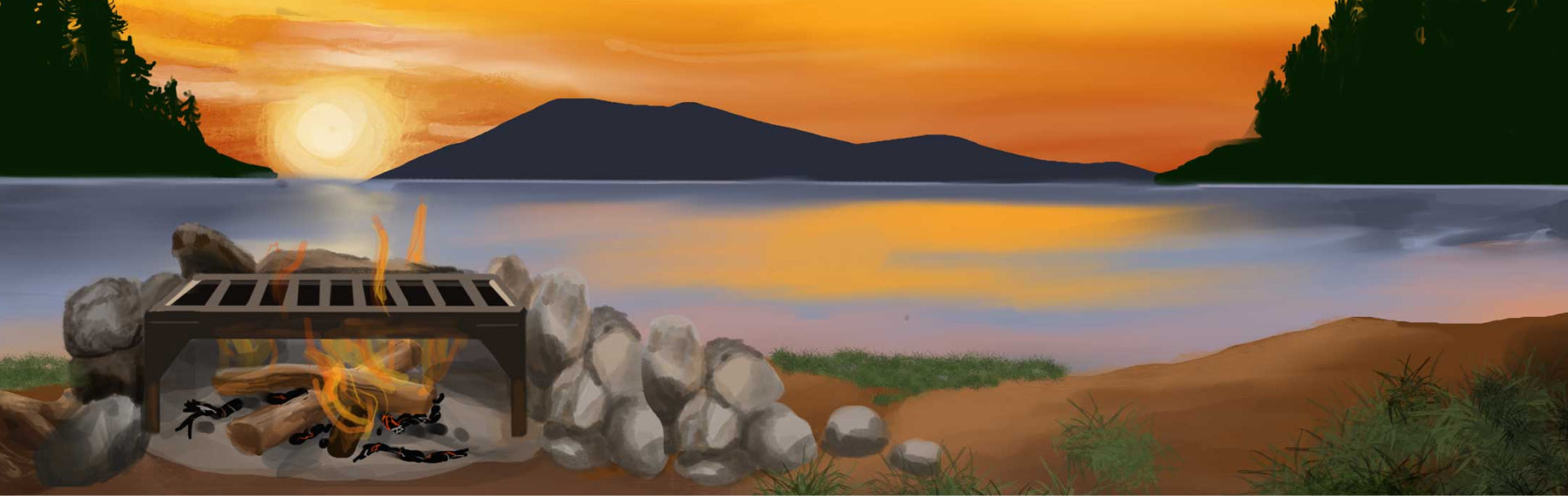 Illustration of a serene lakeside campsite at sunset, with a campfire surrounded by rocks in the foreground and a calm lake reflecting the orange and pink hues of the setting sun in the background. Trees frame the scene on both sides, and a mountain silhouette is visible in the distance.