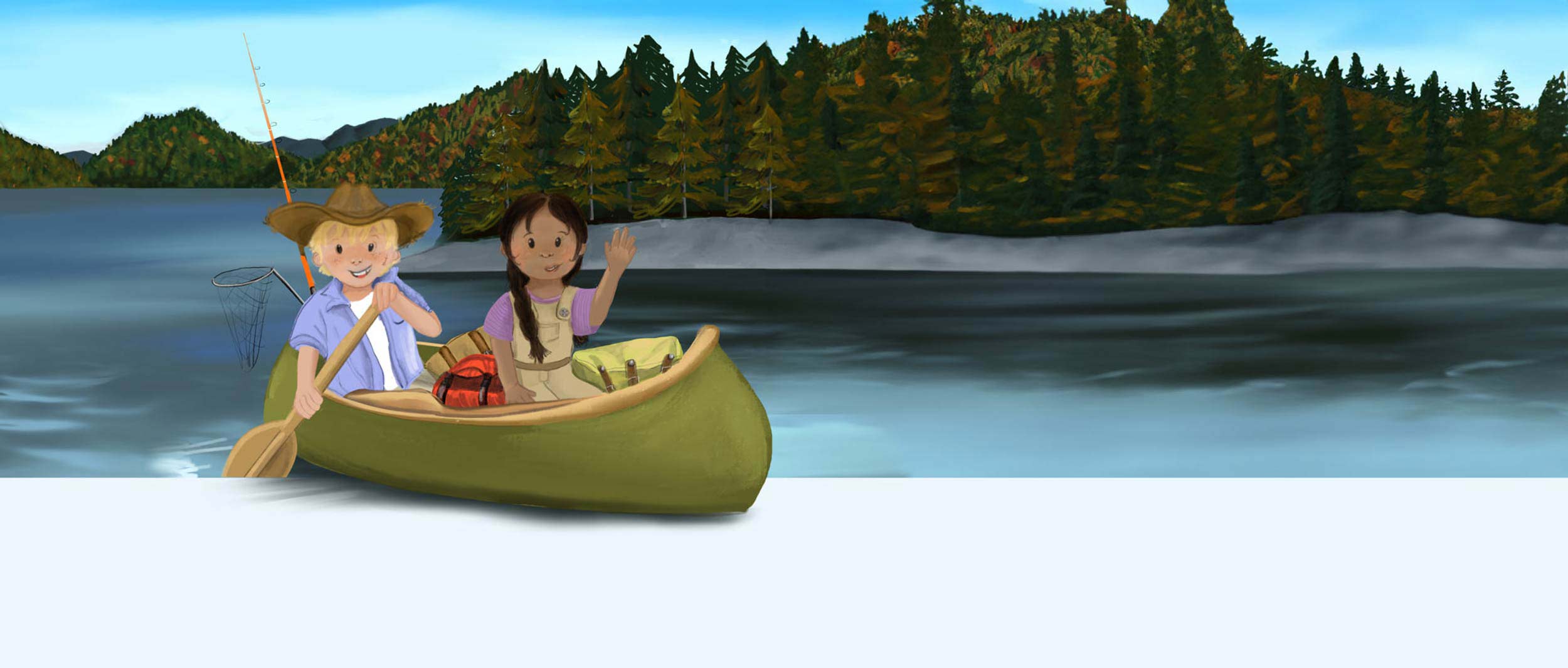 Illustration of Mooka and Lou paddling in a green canoe on a lake surrounded by forested hills. Lou is holding a fishing rod and smiling, while Mooka waves cheerfully. The clear blue sky and vibrant greenery depict a beautiful day in the wilderness.