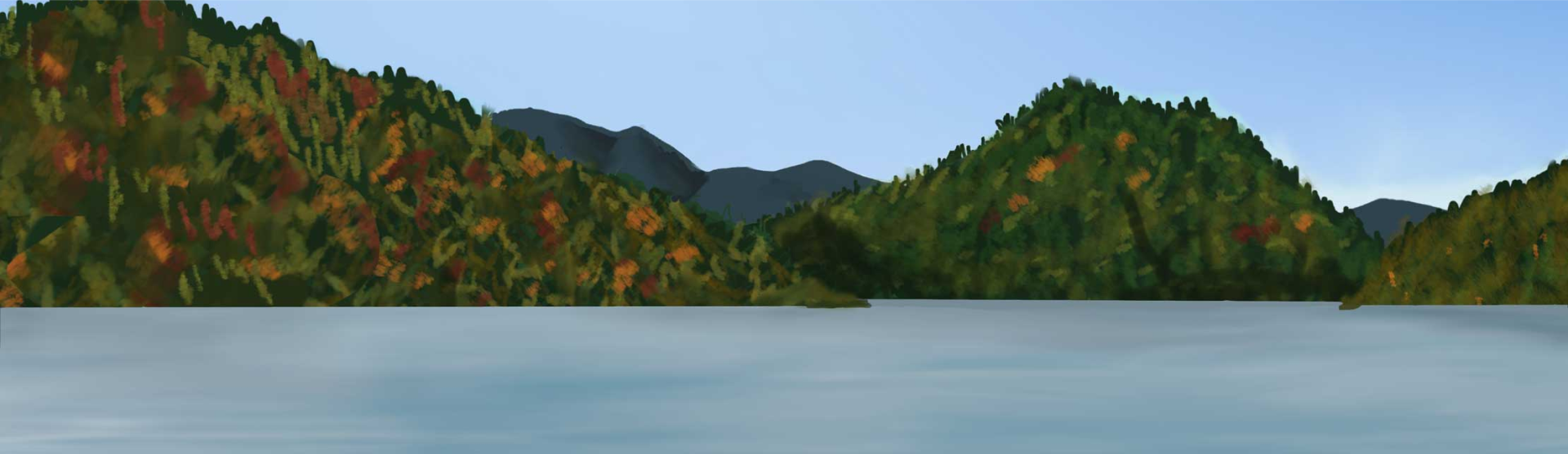 Illustration of a calm lake surrounded by hills covered in dense, colorful autumn foliage. The clear blue sky and distant mountains create a picturesque and peaceful natural scene.