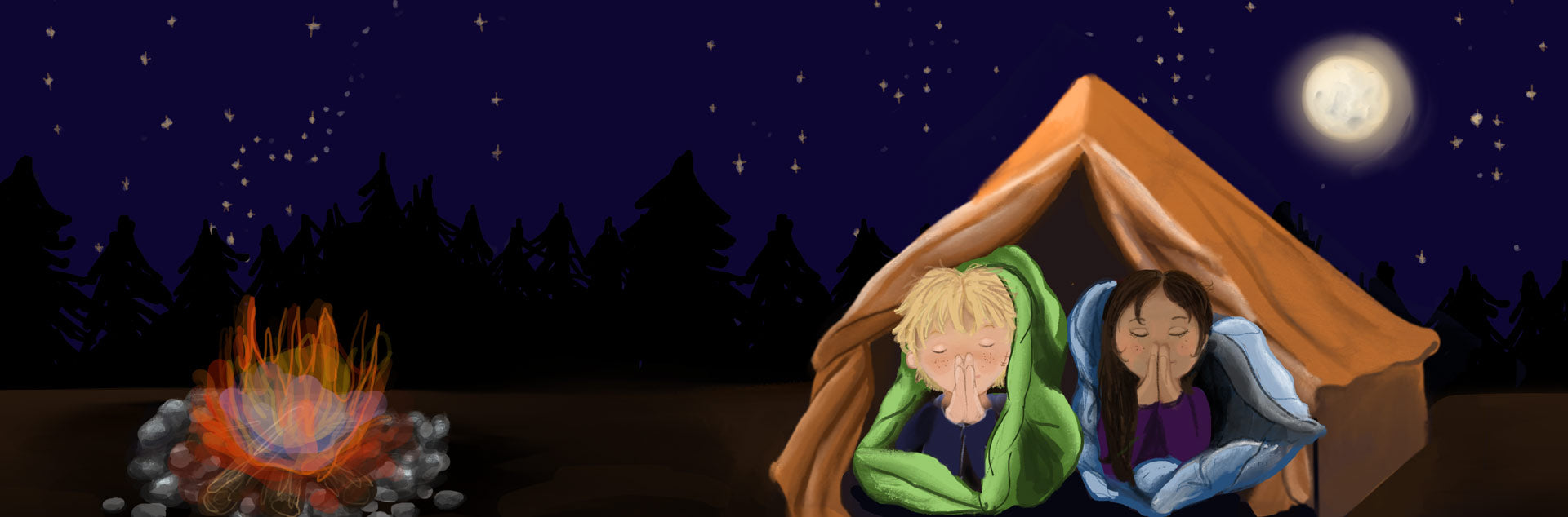 Illustration of two children, Mooka and Lou, in a campsite at night. They are sitting in sleeping bags inside a tent, with their hands clasped in prayer. A campfire burns brightly outside, and a star-filled night sky with a full moon is visible in the background, framed by tall pine trees.