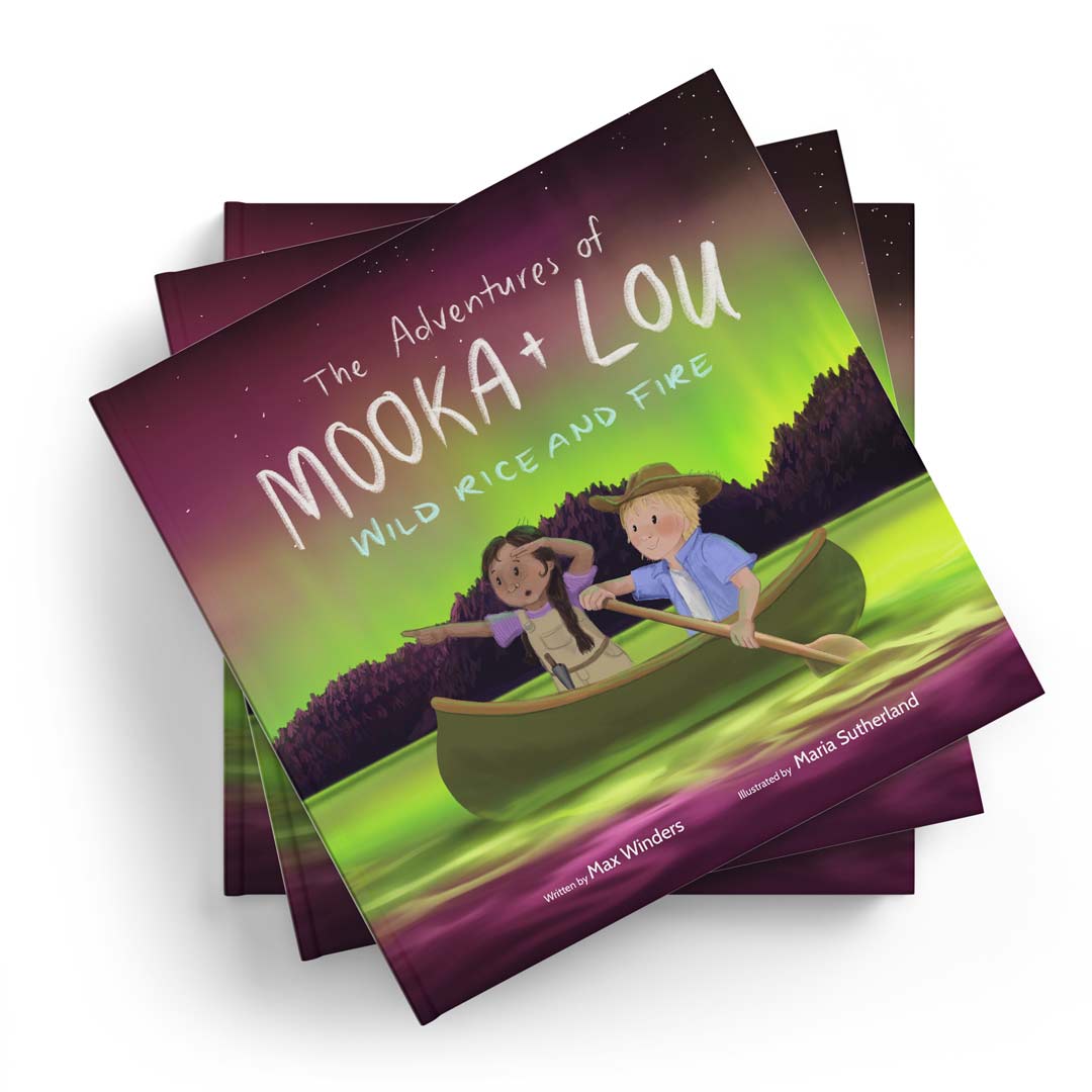 Three stacked copies of 'The Adventures of Mooka & Lou: Wild Rice and Fire,' showing the cover illustration of Mooka and Lou in a canoe, paddling on a glowing green lake with a forest background under a starry sky.