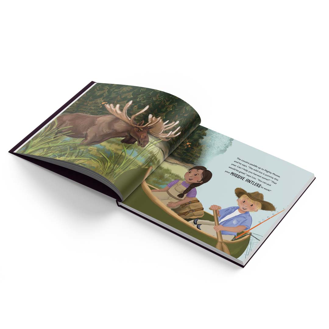 Open spread of 'The Adventures of Mooka & Lou: Wild Rice and Fire' book, displaying two illustrated pages featuring Mooka and Lou on one of their adventures in the northern wilderness, with vibrant colors and detailed artwork.